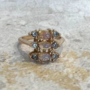 Gold Plated Triple Simulated Opal & Rhinestone Ring Size 7 Vintage Avon